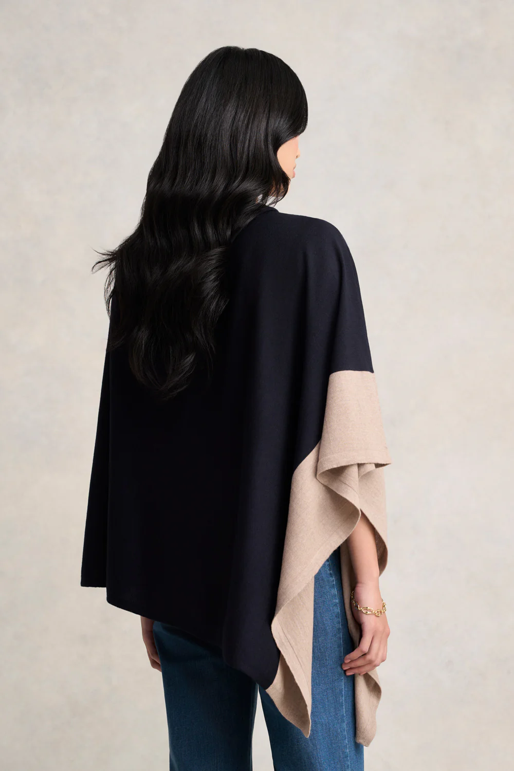 Contrast Trim Merino Poncho - Ink & Taupe - Image 4