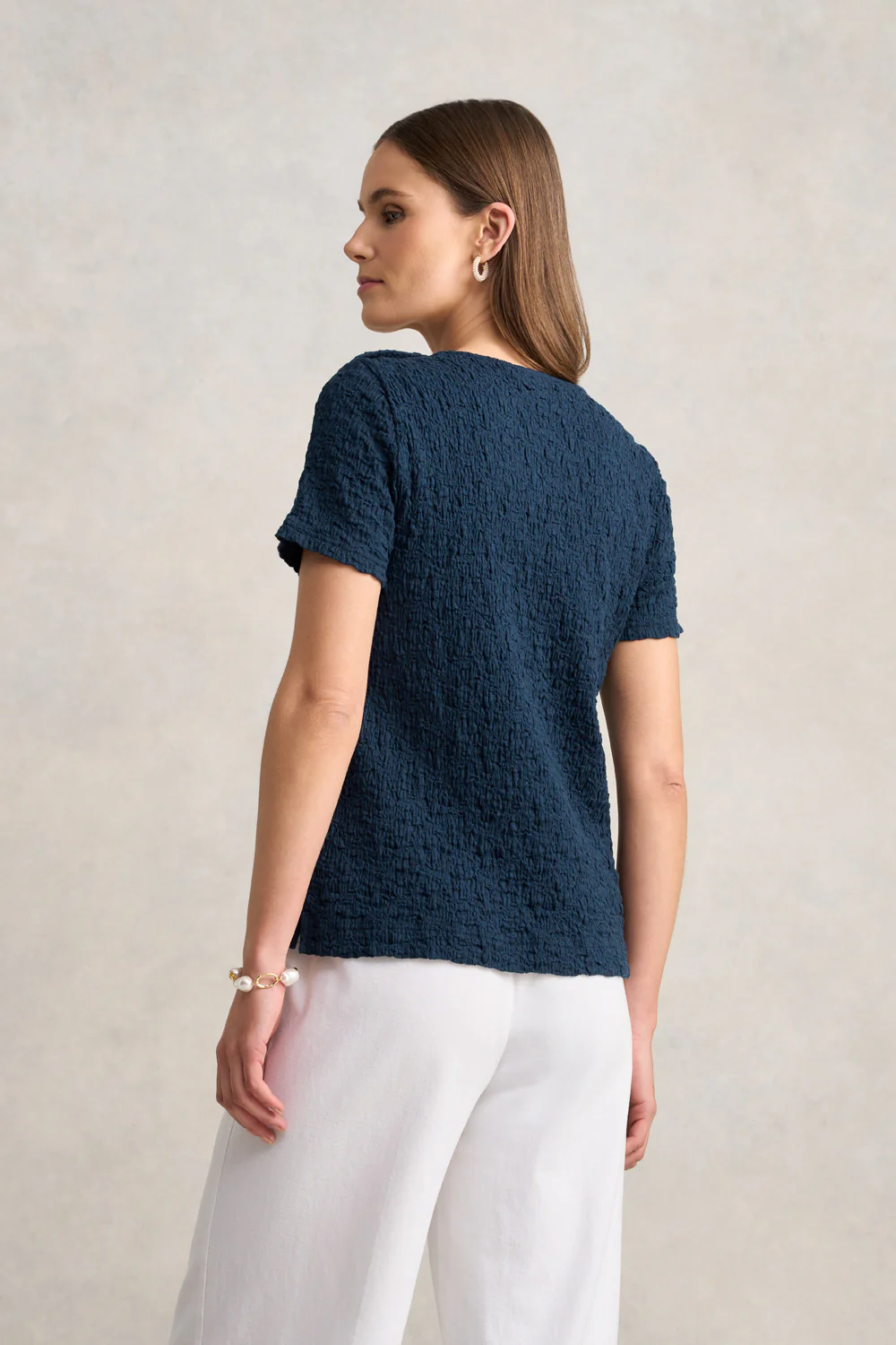 Crinkle Cotton T-Shirt - Navy - Image 4