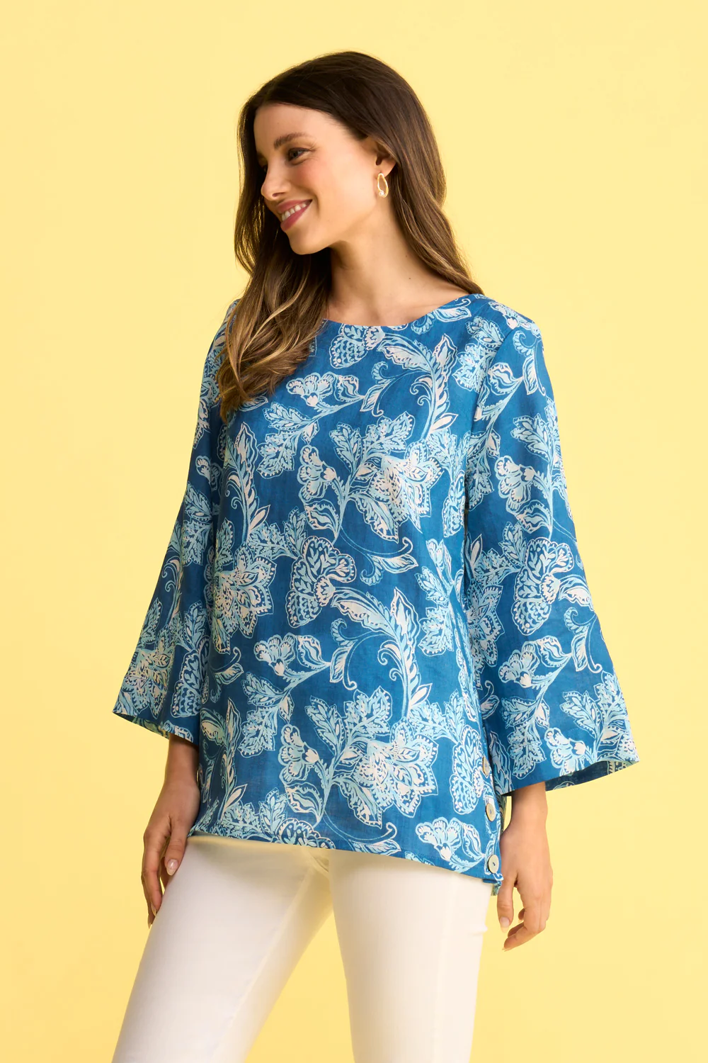 French Linen Button Detail Top - Blue Print - Image 3